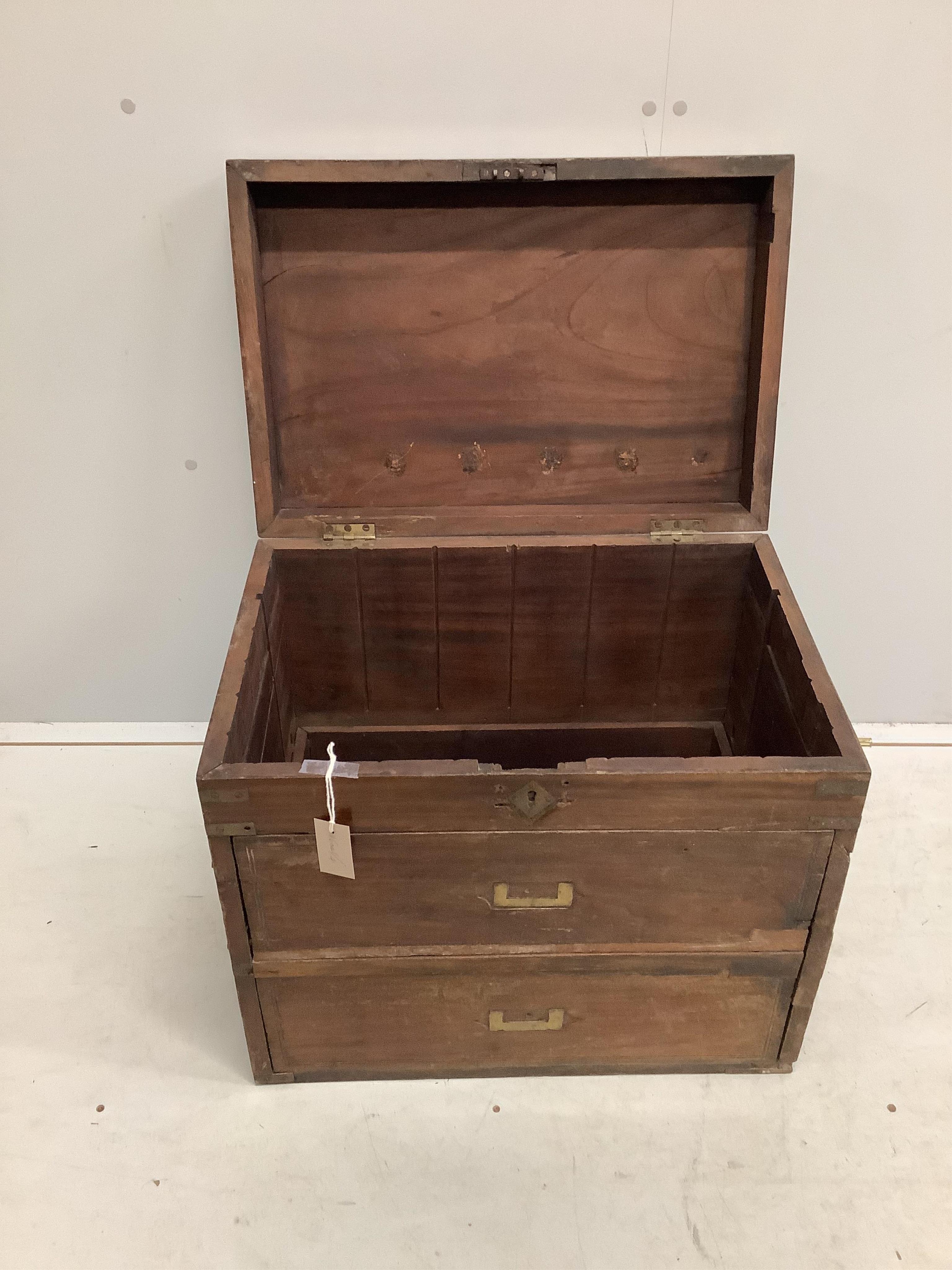 A 19th century brass mounted teak trunk with dummy drawer front, width 60cm, depth 41cm, height 54cm. Condition - fair